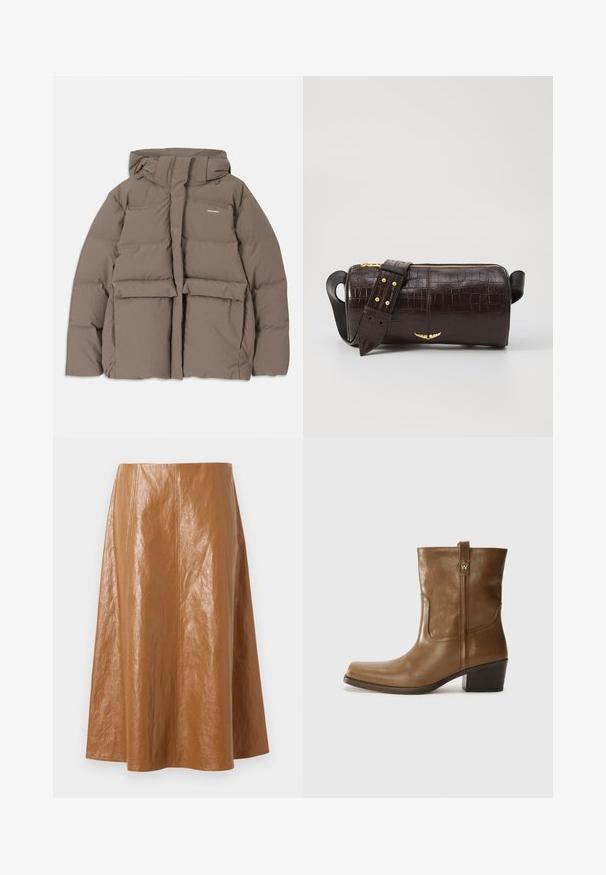 Hnedá púšťačka s kapucňou, s predným zipsom, dvoma veľkými prednými vreckami a hladkou matnou textúrou. Logo značky na hrudi.; Čierny tielko s tenkými ramienkami, vyrobené z rebrovanej tkaniny, s rovnými okrajmi a označením na výstrihu s nápisom "IVY OAK."; Hnedá kožená midi sukňa s hladkým, lesklým povrchom, so zvislými švami a rozšíreným strihom, končiaca tesne pod kolenami.; Hnedé kožené členkové topánky so štvorcovou špičkou, textúrovaným povrchom a nízkym vrstveným podpätkom. Obsahujú zadný úchyt a diskrétne prešívanie.; Hnedá taška z kože s embosovaným vzorom krokodíla, cylindrického tvaru, so zlatými hardvérovými doplnkami a odnímateľným popruhom so štítkami.