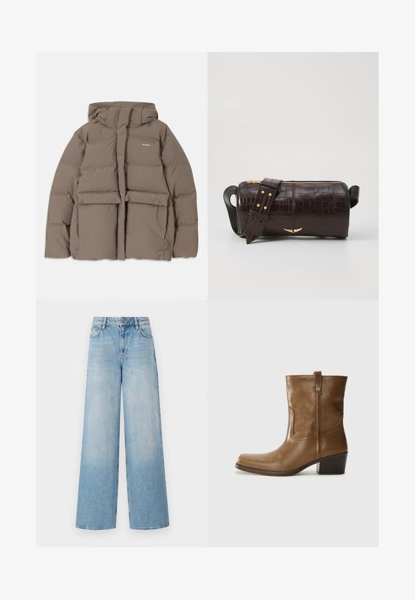 Brūna pūkainā jaka ar kapuci, ar priekšējo rāvējslēdzēju, divām lielām priekšējām kabatām un gludu matētu tekstūru. Zīmola logo uz krūškurvja.; Melna tops ar plānām spaghetti siksniņām, izgatavots no ribota auduma, ar taisnu griezumu un uzrakstu uz kakla izgriezuma "IVY OAK."; Gai zils platās kājas džinsi ar augstu jostasvietu, ar izbalējumu uz kājām, jostas cilpām un tradicionālu metāla pogu un rāvējslēdzēju.; Brūnas ādas potītes zābaki ar kvadrātveida degunu, struktūru apdari un zemu sakrautu papēdi. Ir aizmugurējais cilpiņu un smalkas šūšanas detaļas.; Brūna krokodila ādas soma ar cilindrisku formu, zelta toni aparatūru un noņemamu siksnu ar studiem.