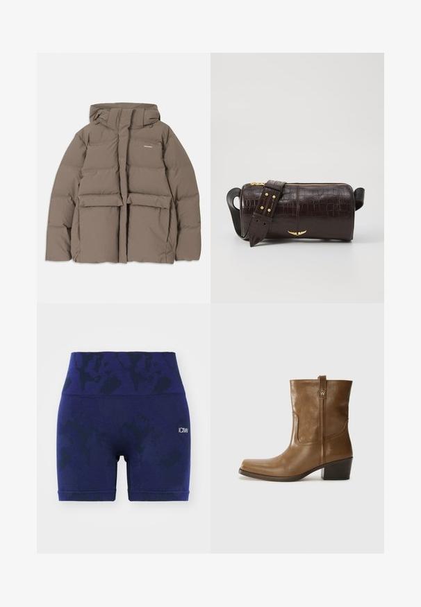 Bruine pufferjack met capuchon, voorzien van een ritssluiting aan de voorkant, twee grote voorzakken en een gladde matte textuur. Merklogo op de borst.; Zwarte tanktop met dunne spaghettibandjes, gemaakt van ribstof, met een rechte snit en een label op de hals dat "IVY OAK" zegt.; Hoge taille sportieve shorts in marineblauw met een subtiel patroon, gemaakt van rekbare stof, met een logo aan de linkerzijde.; Bruine lederen enkelboot met een vierkante neus, gestructureerde afwerking en een lage blokhak. Voorzien van een handige achterste lus en subtiele stikdetails.; Bruine krokodil-embosserende leren tas met een cilindervorm, gouden hardware en een afneembare schouderband met studs.