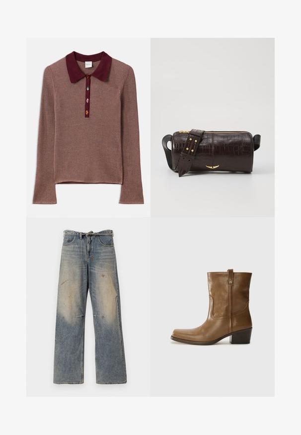 Bruine pufferjack met capuchon, voorzien van een ritssluiting aan de voorkant, twee grote voorzakken en een gladde matte textuur. Merklogo op de borst.; Langarm geribbelde top in mauve met een kastanjebruine polo kraag. Drie meerkleurige knopen bij de hals zorgen voor contrast en detail.; Lichtblauwe denim jeans met een losse, recht gesneden pasvorm. Voorzien van slijtageplekken, vervaging en distressed details bij de knieën. Klassiek five-pocket ontwerp.; Bruine lederen enkelboot met een vierkante neus, gestructureerde afwerking en een lage blokhak. Voorzien van een handige achterste lus en subtiele stikdetails.; Bruine krokodil-embosserende leren tas met een cilindervorm, gouden hardware en een afneembare schouderband met studs.