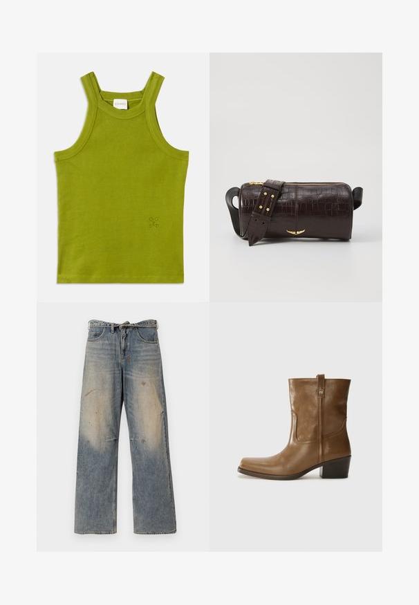 Jachetă puf cu glugă de culoare maro, cu fermoar frontal, două buzunare mari în față și o textură mată fină. Logo-ul brandului pe piept.; Top verde cu nervuri, cu bretele late, având un mic logo embosat, fabricat dintr-un material moale cu un finisaj texturat.; Jeans din denim albastru deschis cu un design lejer și drept pe picioare. Prezintă efecte de uzură, decolorare și detalii uzate în jurul genunchilor. Stil clasic cu cinci buzunare.; Botine din piele maro, cu vârf pătrat, finisaj texturat și toc mic, îngrămădit. Prezentă un tab de tragere la spate și detalii subtile de coasere.; Geantă din piele căptușită cu un model de crocodil de culoare maro, cu o formă cilindrică, accesorii de culoare aurie și un curea detasabilă cu tăieturi.