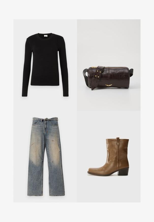 Brown puffer jacket with a hood, featuring a front zipper, two large front pockets, and a smooth matte texture. Brand logo on chest.; Black long-sleeve T-shirt made of soft, smooth fabric. Features a round neckline and fitted shape, with no visible patterns or accents.; Light blue denim jeans with a loose, straight-leg design. Features whiskering, fading, and distressed details near knees. Classic five-pocket style.; Brown leather ankle boot with a square toe, textured finish, and a low stacked heel. Features a rear pull tab and subtle stitching details.; Brown crocodile-embossed leather bag with a cylindrical shape, gold-tone hardware, and a detachable strap featuring studs.
