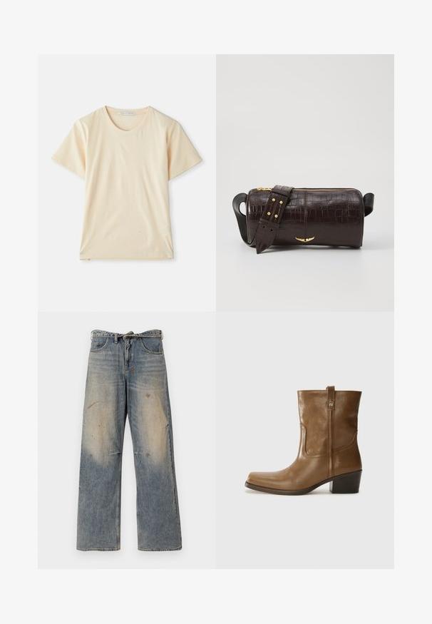 Hnedá púšťačka s kapucňou, s predným zipsom, dvoma veľkými prednými vreckami a hladkou matnou textúrou. Logo značky na hrudi.; Krémové tričko vyrobené z mäkkej, ľahkej bavlny, s krátkymi rukávmi a okrúhlym výstrihom. Bez viditeľných vzorov alebo akcentov.; Svetlo modré džínsy s voľným strihom a rovnými nohavicami. Obsahujú efekt opotrebovania, vyblednutie a poškodené detaily pri kolenách. Klasický strih s piatimi vreckami.; Hnedé kožené členkové topánky so štvorcovou špičkou, textúrovaným povrchom a nízkym vrstveným podpätkom. Obsahujú zadný úchyt a diskrétne prešívanie.; Hnedá taška z kože s embosovaným vzorom krokodíla, cylindrického tvaru, so zlatými hardvérovými doplnkami a odnímateľným popruhom so štítkami.