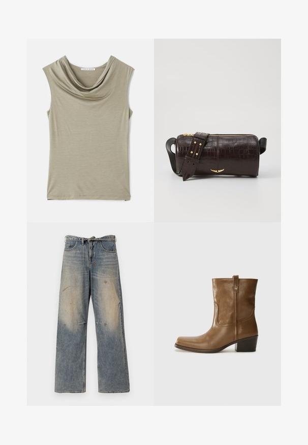 Hnědá pufovaná bunda s kapucí, se zipem vpředu, dvěma velkými předními kapsami a hladkým matným povrchem. Logo značky na hrudi.; Halenka bez rukávů s cowl krkem z jemné béžové látky. Měkká textura, přiléhavý design, s hladkým drapováním u výstřihu a rovním lemem.; Světle modré džíny vyrobené z denimu s volným, rovně střiženým designem. Obsahují efekt blednutí, opotřebování a poškozené detaily v oblasti kolen. Klasický pětigrecký styl.; Hnědé kožené kotníkové boty se čtveratou špičkou, texturovaným povrchem a nízkým zvýšeným podpatkem. Mají zadní poutko na obouvání a jemné prošívání.; Hnědá kabelka z krokodýlí kůže s embosováním, cylindrického tvaru, se zlacenými kovovými prvky a odnímatelným popruhem se hroty.