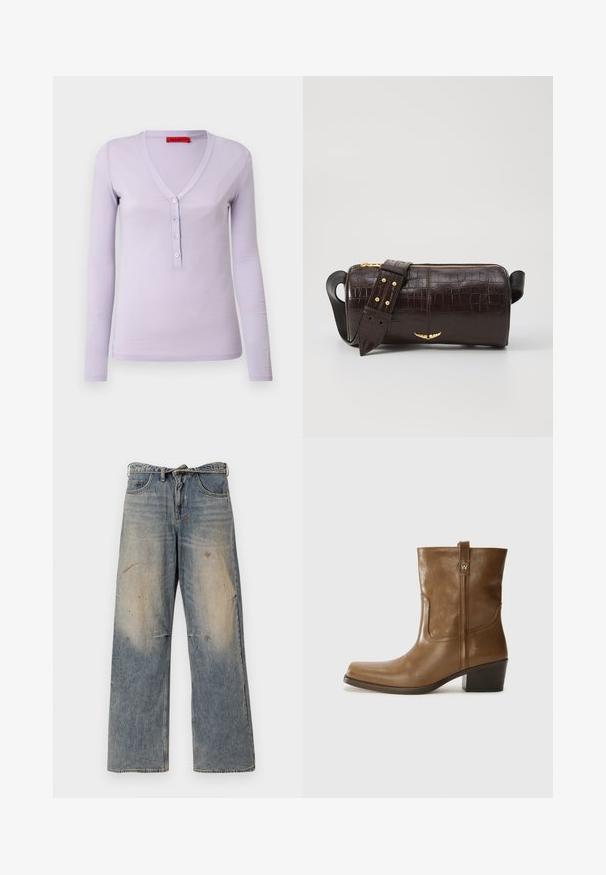 Brązowa kurtka puchowa z kapturem, z przednim zamkiem błyskawicznym, dwiema dużymi kieszeniami z przodu oraz gładką matową powierzchnią. Logo marki na klatce piersiowej.; Fioletowa bluzka z długim rękawem i dekoltem w kształcie litery V, z pięcioma guzikami i miękkim, lekkim materiałem. Prosty, dopasowany krój.; Jasnoniebieskie dżinsy z luźnym krojem prostym. Posiadają efekty przetarć, blaknięcia oraz postrzępienia w okolicy kolan. Klasyczny pięciopocketowy styl.; Brązowy skórzany botek za kostkę z kwadratowym noskiem, teksturowanym wykończeniem i niskim, zakrytym obcasem. Posiada tylną pętelkę do zakładania oraz subtelne detale przeszycia.; Brązowa torba ze skóry z tłoczeniem krokodyla w kształcie cylindrycznym, z metalowymi elementami w kolorze złotym oraz odczepianym paskiem z ćwiekami.