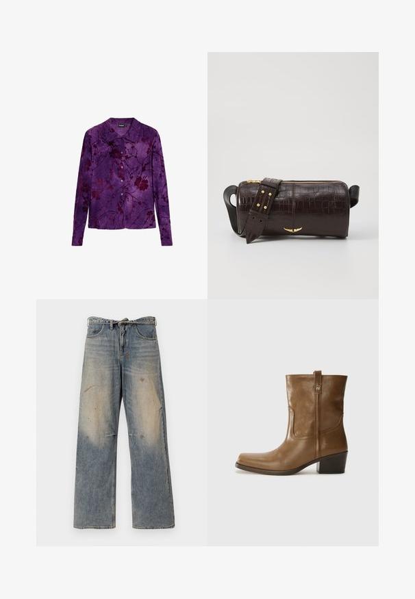 Barna puffermellény kapucnival, elülső cipzárral, két nagy elülső zsebével és sima matt felületével. Márkalogó a mellen.; Lila, hosszú ujjú póló sötétebb virágmintával. Puha anyagból készült, gombos elülső résszel és klasszikus gallér stílusban.; Világoskék farmernadrág, laza, egyenes szabással. Serteszálas, kopott és szakadt részletek jellemzik a térd környékén. Klasszikus öt zsebes stílus.; Barna bőrből készült bokacsizma négyzet alakú orral, texturált felülettel és alacsony, rakott sarkával. Hátsó húzófüllel és finom varrási részletekkel rendelkezik.; Barna krokodilbőr hatású bőr táska henger alakú, arany tónusú fémveretekkel és lecsatolható, szegecsekkel díszített pánttal.