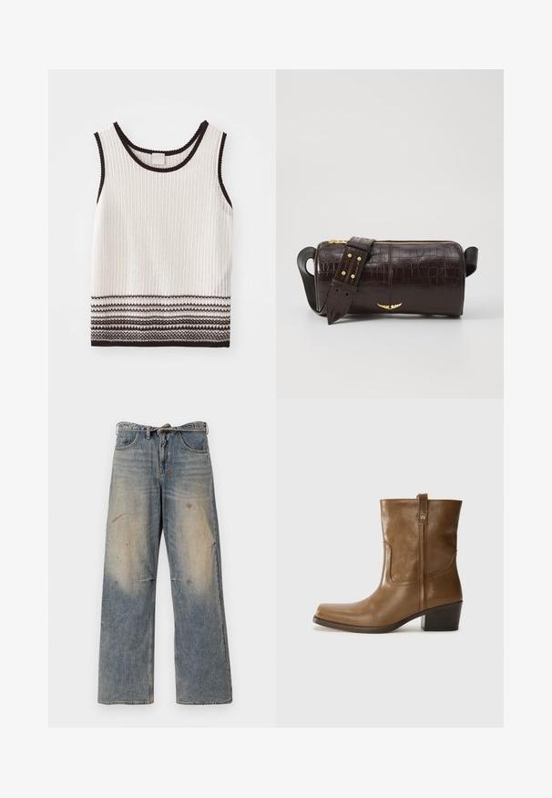 Veste en duvet marron avec capuche, dotée d'une fermeture éclair sur le devant, de deux grandes poches avant et d'une texture mate lisse. Logo de la marque sur la poitrine.; Débardeur blanc à côtes avec bord noir et rayures décoratives horizontales à l'ourlet. Le tissu semble texturé et ajusté.; Jean en denim bleu clair avec une coupe ample et droite. Caractéristiques de décoloration, d'effilochage et de détails usés près des genoux. Style classique à cinq poches.; Bottine en cuir marron avec un orteil carré, une finition texturée et un petit talon empilé. Présente une languette à l'arrière et des détails de couture subtils.; Sac en cuir embossé crocodile marron avec une forme cylindrique, quincaillerie dorée et une bandoulière détachable ornée de clous.