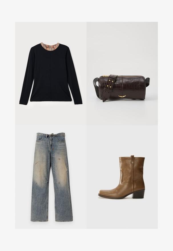Braune Pufferjacke mit Kapuze, ausgestattet mit einem Frontreißverschluss, zwei großen Fronttaschen und einer glatten, matten Textur. Markenlogo auf der Brust.; Schwarzes Langarmshirt mit rundem Ausschnitt, ausgestattet mit einem mehrfarbigen gestreiften Akzent am Kragen. Glattes Material mit lässiger Passform.; Helle blaue Denim-Jeans mit einem lockeren, geraden Schnitt. Verfügt über Ausbleichungen, Verwaschungen und abgenutzte Details an den Knien. Klassisches Fünf-Taschen-Design.; Braune Leder-Ankle-Boots mit quadratischer Zehenform, strukturiertem Finish und niedrigem, gestapeltem Absatz. Ausgestattet mit einer Zuglasche auf der Rückseite und dezenten Stickdetails.; Braune, krokodilgeprägte Lederhandtasche mit zylindrischer Form, goldfarbener Hardware und einem abnehmbaren Tragegurt mit Nieten.
