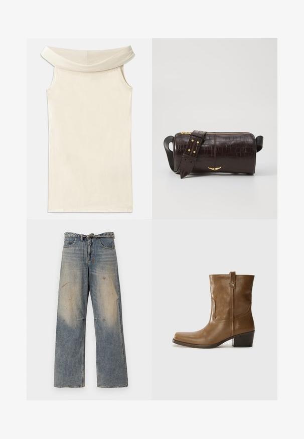 Bruine pufferjack met capuchon, voorzien van een ritssluiting aan de voorkant, twee grote voorzakken en een gladde matte textuur. Merklogo op de borst.; Beige off-shoulder jurk van soepel materiaal, met een brede halslijn en mouwloos design, rechte snit en een nette zoom.; Lichtblauwe denim jeans met een losse, recht gesneden pasvorm. Voorzien van slijtageplekken, vervaging en distressed details bij de knieën. Klassiek five-pocket ontwerp.; Bruine lederen enkelboot met een vierkante neus, gestructureerde afwerking en een lage blokhak. Voorzien van een handige achterste lus en subtiele stikdetails.; Bruine krokodil-embosserende leren tas met een cilindervorm, gouden hardware en een afneembare schouderband met studs.