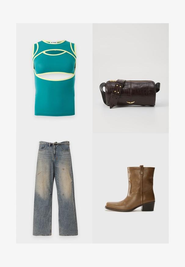Braune Pufferjacke mit Kapuze, ausgestattet mit einem Frontreißverschluss, zwei großen Fronttaschen und einer glatten, matten Textur. Markenlogo auf der Brust.; Türkises ärmelloses Oberteil mit Ausschnitten, gelben Akzenten entlang der Kanten und einem runden Halsausschnitt. Hergestellt aus einem glatten, dehnbaren Stoff.; Helle blaue Denim-Jeans mit einem lockeren, geraden Schnitt. Verfügt über Ausbleichungen, Verwaschungen und abgenutzte Details an den Knien. Klassisches Fünf-Taschen-Design.; Braune Leder-Ankle-Boots mit quadratischer Zehenform, strukturiertem Finish und niedrigem, gestapeltem Absatz. Ausgestattet mit einer Zuglasche auf der Rückseite und dezenten Stickdetails.; Braune, krokodilgeprägte Lederhandtasche mit zylindrischer Form, goldfarbener Hardware und einem abnehmbaren Tragegurt mit Nieten.