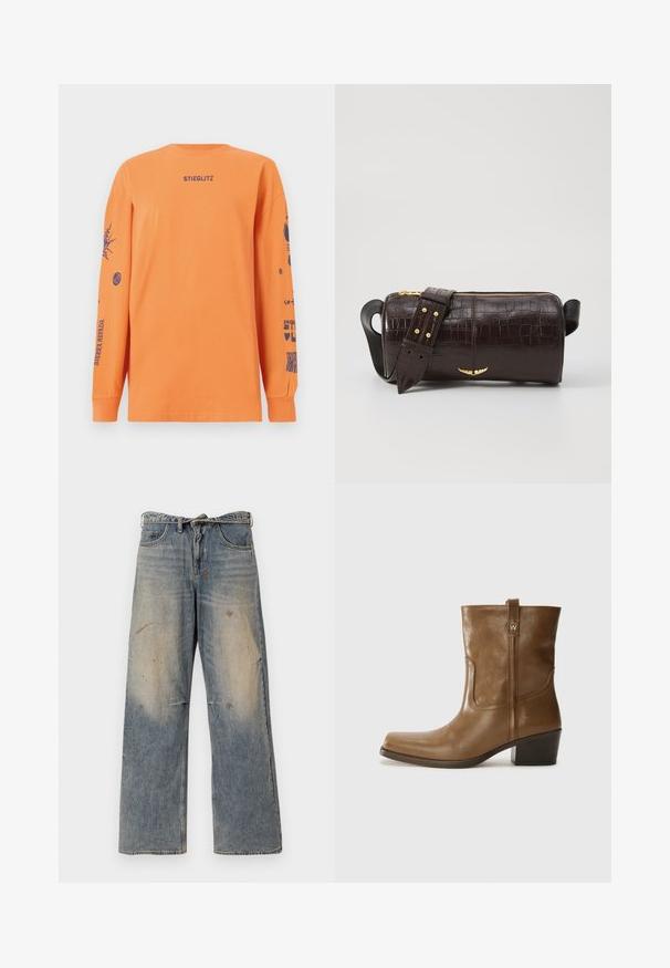 Rudas pūkinis švarkas su gaubtu, su priekiniais užtrauktukais, dviem didelėm priekinėm kišenėm ir lygiu matinio paviršiaus apdailu. Prekės ženklas ant krūtinės.; Oranžinė ilgos rankovės marškinėliai, pagaminti iš medvilnės. Priekyje yra užrašas "STIEGLITZ", o rankovėse vaizduojami įvairūs mėlyni grafikos raštai.; Šviesiai mėlynos džinsinės kelnės su laisvu, tiesiu kojų kirpimu. Su įbrėžimais, nudilimu ir suplėšytais elementais šalia kelių. Klasikinis penkių kišenių stilius.; Rudų odinių batų iki kulkšnies su kvadratiniu pirštu, tekstūruotu paviršiumi ir žemu sluoksniuota pakulne. Yra užpakalinis kilpas ir subtilūs siuvinėjimo detalės.; Ruda krokodilo odspaudo odinė rankinė cilindro formos, su auksinėmis detalėmis ir nuimamu dirželiu, papuoštu studelėmis.