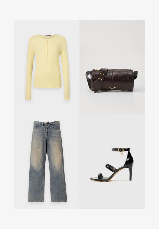 Brown puffer jacket with a hood, featuring a front zipper, two large front pockets, and a smooth matte texture. Brand logo on chest.; Long-sleeve, ribbed T-shirt in light yellow with a rounded neckline and five-button placket. Soft texture with a slim fit.; Light blue denim jeans with a loose, straight-leg design. Features whiskering, fading, and distressed details near knees. Classic five-pocket style.; Black patent leather sandal with three straps, ankle buckle, and 4-inch stiletto heel. Features gold hardware detail and logo charm.; Brown crocodile-embossed leather bag with a cylindrical shape, gold-tone hardware, and a detachable strap featuring studs.