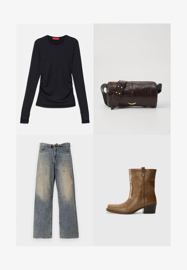 Brun oppustelig jakke med hætte, der har en frontlynlås, to store frontlommer og en glat, mat tekstur. Brandlogo på brystet.; Sort langærmet top med rund halsudskæring, der har ruching detaljer på siderne og tætsiddende manchetter. Fremstillet af et glat, blødt stof.; Lysblå denimjeans med et løst, lige ben-design. Har slidte, falmede og beskadigede detaljer nær knæene. Klassisk fem-lomme stil.; Brun læder ankelstøvle med firkantet tå, tekstureret overflade og en lav stablet hæl. Har en bageste hælflap og subtile syningsdetaljer.; Brun krokodilleder taske med cylindrisk form, hardware i guld-tone, og en aftagelig rem med nitter.