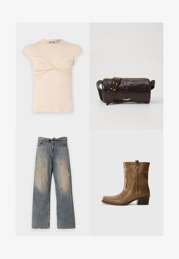 Chaqueta de abrigo marrón con capucha, que presenta un cierre frontal con cremallera, dos grandes bolsillos frontales y una textura mate suave. Logo de la marca en el pecho.; Camiseta color crema con escote redondo, mangas cortas y detalle en la parte delantera retorcido. Textura suave con frunces verticales a lo largo de los lados.; Jeans de mezclilla azul claro con un diseño suelto y de pierna recta. Presentan desvanecidos, desgaste y detalles rasgados cerca de las rodillas. Estilo clásico de cinco bolsillos.; Botín de cuero marrón hasta el tobillo, con punta cuadrada, acabado texturizado y un tacón bajo apilado. Presenta una pestaña trasera y detalles de costura sutiles.; Bolso de cuero marrón con estampado de cocodrilo, de forma cilíndrica, con herrajes en tono dorado y una correa desmontable con tachuelas.