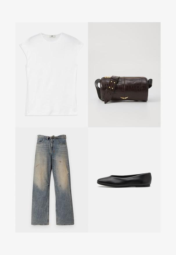 Brown puffer jacket with a hood, featuring a front zipper, two large front pockets, and a smooth matte texture. Brand logo on chest.; White short-sleeve t-shirt made of cotton. Features a round neckline and a smooth, soft texture with a relaxed fit. No patterns or accents.; Light blue denim jeans with a loose, straight-leg design. Features whiskering, fading, and distressed details near knees. Classic five-pocket style.; Paul Smith TOPANGA - Ballet pumps - black; Brown crocodile-embossed leather bag with a cylindrical shape, gold-tone hardware, and a detachable strap featuring studs.