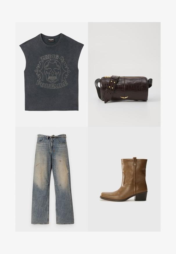 Bruine pufferjack met capuchon, voorzien van een ritssluiting aan de voorkant, twee grote voorzakken en een gladde matte textuur. Merklogo op de borst.; Mouwloos grijs T-shirt met een ronde hals, voorzien van metalen studs in een schedel- en decoratieve tekstontwerp aan de voorkant. Zachte stoftextuur.; Lichtblauwe denim jeans met een losse, recht gesneden pasvorm. Voorzien van slijtageplekken, vervaging en distressed details bij de knieën. Klassiek five-pocket ontwerp.; Bruine lederen enkelboot met een vierkante neus, gestructureerde afwerking en een lage blokhak. Voorzien van een handige achterste lus en subtiele stikdetails.; Bruine krokodil-embosserende leren tas met een cilindervorm, gouden hardware en een afneembare schouderband met studs.