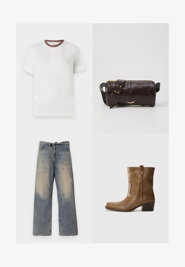 Brązowa kurtka puchowa z kapturem, z przednim zamkiem błyskawicznym, dwiema dużymi kieszeniami z przodu oraz gładką matową powierzchnią. Logo marki na klatce piersiowej.; Biała koszulka z krótkim rękawem i okrągłym dekoltem, z kolorowym, paskowanym wykończeniem. Wykonana z gładkiego materiału, o luźnym kroju.; Jasnoniebieskie dżinsy z luźnym krojem prostym. Posiadają efekty przetarć, blaknięcia oraz postrzępienia w okolicy kolan. Klasyczny pięciopocketowy styl.; Brązowy skórzany botek za kostkę z kwadratowym noskiem, teksturowanym wykończeniem i niskim, zakrytym obcasem. Posiada tylną pętelkę do zakładania oraz subtelne detale przeszycia.; Brązowa torba ze skóry z tłoczeniem krokodyla w kształcie cylindrycznym, z metalowymi elementami w kolorze złotym oraz odczepianym paskiem z ćwiekami.