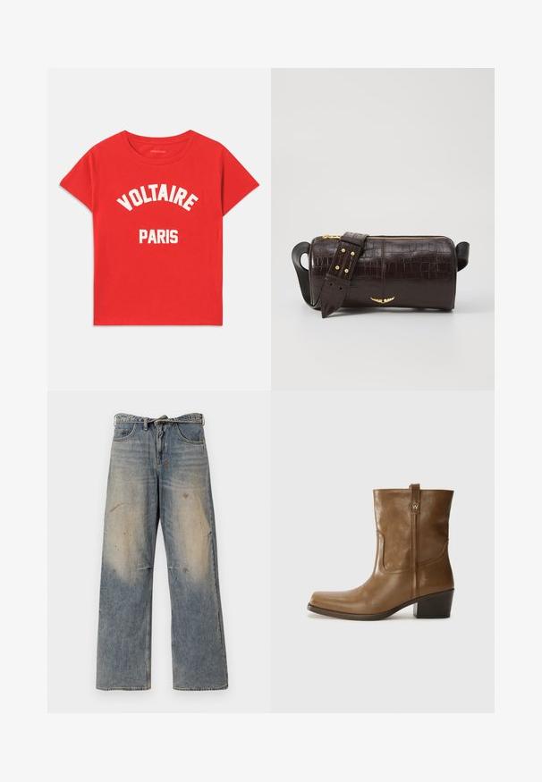 Casaco de puffer castanho com capuz, apresentando um fecho éclair frontal, dois grandes bolsos frontais e uma textura mate suave. Logótipo da marca no peito.; T-shirt de algodão vermelho com mangas curtas, decote redondo e texto branco a dizer "VOLTAIRE" e "PARIS" em letras negritas e curvas.; Jeans de ganga azul claro com um design solto e de perna reta. Apresenta desgaste, desbotamento e detalhes rasgados perto dos joelhos. Estilo clássico de cinco bolsos.; Bota de tornozelo em couro castanho com bico quadrado, acabamento texturizado e salto baixo em camadas. Apresenta uma alça na parte de trás e detalhes de costura discretos.; Bolsa de couro com textura de crocodilo na cor marrom, com forma cilíndrica, metalizações em tom dourado e uma alça destacável com tachas.