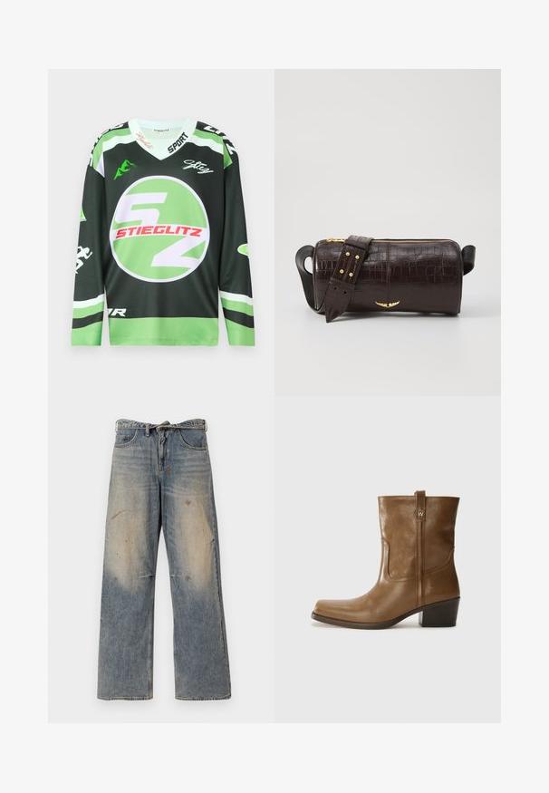 Rudas pūkinis švarkas su gaubtu, su priekiniais užtrauktukais, dviem didelėm priekinėm kišenėm ir lygiu matinio paviršiaus apdailu. Prekės ženklas ant krūtinės.; Žalias ir juodas ilgomis rankovėmis džersis su apvaliu logotipu, ryškiais baltais ir raudonais grafikos elementais bei v-kaklu. Pagamintas iš kvėpuojančios medžiagos.; Šviesiai mėlynos džinsinės kelnės su laisvu, tiesiu kojų kirpimu. Su įbrėžimais, nudilimu ir suplėšytais elementais šalia kelių. Klasikinis penkių kišenių stilius.; Rudų odinių batų iki kulkšnies su kvadratiniu pirštu, tekstūruotu paviršiumi ir žemu sluoksniuota pakulne. Yra užpakalinis kilpas ir subtilūs siuvinėjimo detalės.; Ruda krokodilo odspaudo odinė rankinė cilindro formos, su auksinėmis detalėmis ir nuimamu dirželiu, papuoštu studelėmis.