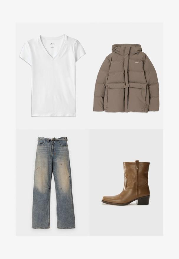 Brązowa kurtka puchowa z kapturem, z przednim zamkiem błyskawicznym, dwiema dużymi kieszeniami z przodu oraz gładką matową powierzchnią. Logo marki na klatce piersiowej.; Biała koszulka z krótkim rękawem w kształcie litery V, wykonana z bawełny, z delikatnym, wytłoczonym detalem "Armani Exchange" na kołnierzu.; Jasnoniebieskie dżinsy z luźnym krojem prostym. Posiadają efekty przetarć, blaknięcia oraz postrzępienia w okolicy kolan. Klasyczny pięciopocketowy styl.; Brązowy skórzany botek za kostkę z kwadratowym noskiem, teksturowanym wykończeniem i niskim, zakrytym obcasem. Posiada tylną pętelkę do zakładania oraz subtelne detale przeszycia.