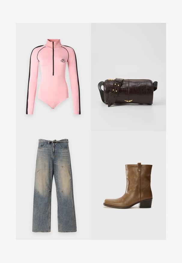 Brūna pūkainā jaka ar kapuci, ar priekšējo rāvējslēdzēju, divām lielām priekšējām kabatām un gludu matētu tekstūru. Zīmola logo uz krūškurvja.; Rozā bodijs ar garām piedurknēm, augstu apkakli, melniem sānu akcentiem un centrālu rāvējslēdzēju. Krekls ar izšūtu logo uz krūtīm.; Gai zilgans džinsi ar brīvu, taisnu kāju dizainu. Iezīmējas ar noslīpēšanu, izbalēšanu un nolietojuma detaļām ap ceļgaliem. Klasisks piecu kabatu stils.; Brūnas ādas potītes zābaki ar kvadrātveida degunu, struktūru apdari un zemu sakrautu papēdi. Ir aizmugurējais cilpiņu un smalkas šūšanas detaļas.; Brūna krokodila ādas soma ar cilindrisku formu, zelta toni aparatūru un noņemamu siksnu ar studiem.