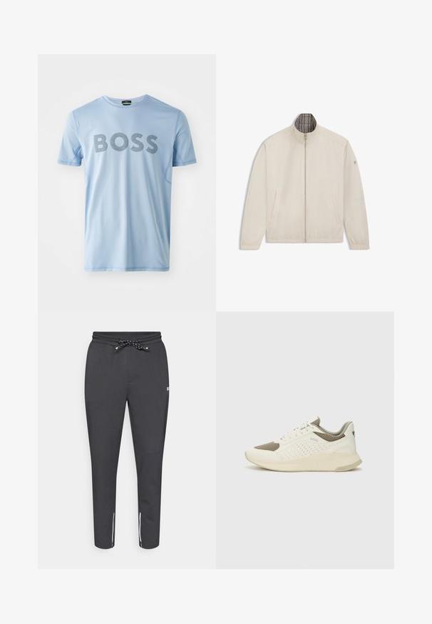 Helebeež jope, millel on seisakrae, ees lukuga, kaks külgtaskut ja elastsed varrukad. Sisevooder on ruuduline.; Hele sinine lühikeste varrukatega t-särk, mis on valmistatud siledast kangast, millel on ees julge mustraline "BOSS" logo. Ümar kaelus.; Musthave mustad, millega on seotud elastne vöökoht, külgedel lukuga taskud ning valged lüngad pahkluude juures. Valmistatud siledast, venivast kangast.; Valge ja heledat beeži värvi spordijalats, millel on õhuke võrkmaterjal, perforatsioonidega detailid ning tekstuuriga vahetald, millel on brändi logo kannaosas.