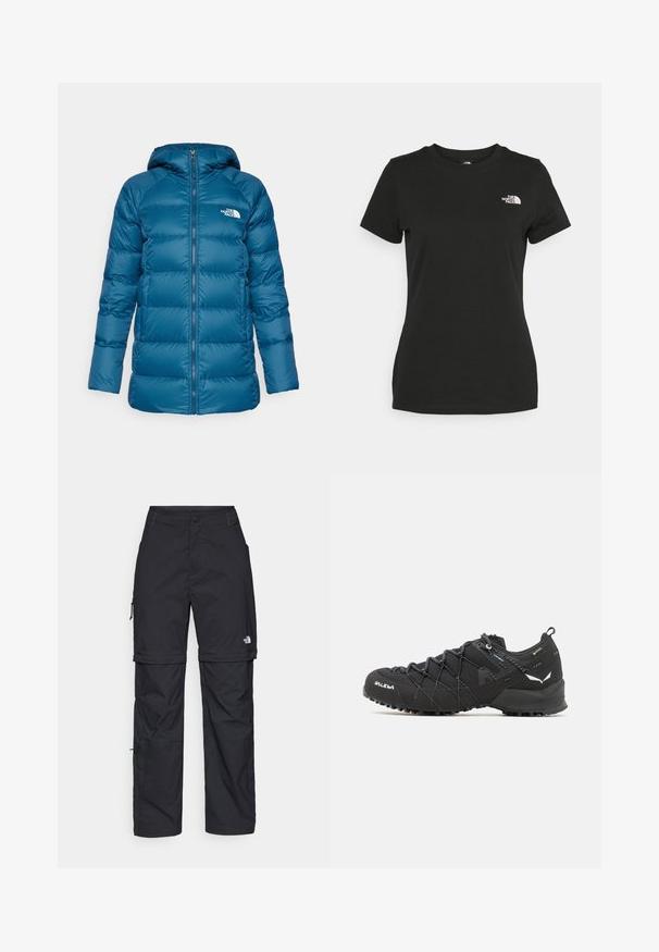 Jacket puffer verde-albastru cu glugă, având secțiuni matlasate, fermoar complet pe față și un logo mic pe piept. Textură netedă și strălucitoare.; Tricou din bumbac negru, cu guler rotund și mâneci scurte. Logo alb notabil în partea stângă sus. Textură netedă, croi casual.; Pantaloni cargo din nylon negru, cu fermoar detașabil, manșete ajustabile, multiple buzunare și un logo pe piciorul drept. Textură netedă și ușoară.; Pantofi de drumeție negri cu un superior din țesătură texturată, sistem de șireturi și talpă din cauciuc robustă. Accentați cu detalii reflectorizante și logo-uri.