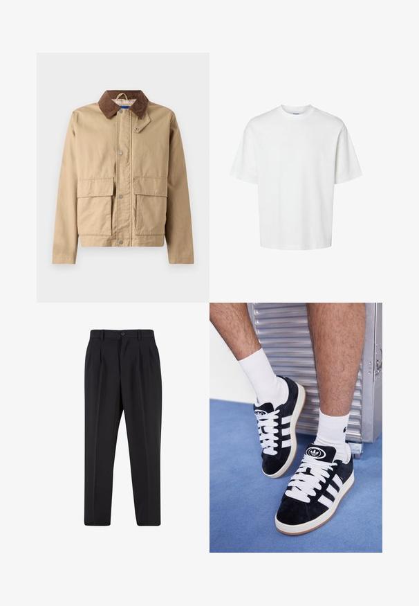 Tan spalvos švarkas su rudomis šoninėmis atbrailėmis, užsegamas spaustuku ir turintis dvi dideles priekines kišenes. Pagamintas iš patvarios medžiagos su lygia tekstūra.; Balta medvilninė marškinė su trumpomis rankovėmis, apvaliu iškirpimu ir laisvu siluetu. Lygus paviršius be matomų raštų ar akcentų.; Juodi kelnių su raukšlėtu priekiu dizainu, pagaminti iš lygaus audinio. Su mygtuko užsegimu ir diržo kilpomis; tiesios kojų formos.; Juodos zomšos sportbačiai su baltais raišteliais ir trimis baltais dryžiais. Ant liežuvėlio yra apvalus juodas logotipas, o pado medžiaga – guminė.