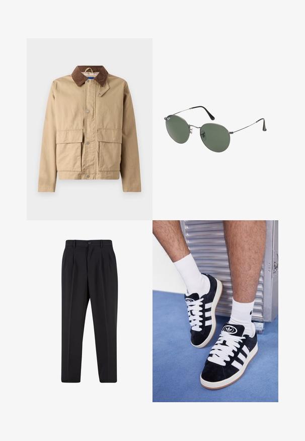 Beige jakke med brun kordfløjlskrave, trykknaplukning og to store forlommer. Fremstillet af slidstærkt stof med en glat tekstur.; Hvit bomull t-skjorte med korte ermer, rund hals og avslappet passform. Glatt tekstur uten synlige mønstre eller detaljer.; Sorte bukser med plisseret frontdesign, lavet af glat stof. Har knaplukning og bæltesløjfer; rett-bukser.; Sorte semskede sneakers med hvite lisser og tre hvite striper. Har en sirkulær svart logo på tungen og en såle av gummigummi.; Metallinnrammede solbriller med ovale grønne linser. Tynn sølvfarget metallramme og svarte øreplugger. Minimalistisk design, ingen synlige logoer.