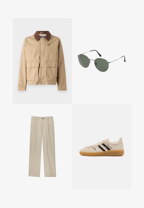 Béžová bunda so hnedým kordovým golierom, s rýchlozapínaním a dvoma veľkými prednými vreckami. Vyrobená z odolného materiálu s hladkou textúrou.; Biele bavlnené tričko s krátkymi rukávmi, okrúhlym výstrihom a voľným strihom. Hladká textura bez viditeľných vzorov alebo akcentov.; Béžové nohavice s rovný strihom, s jedným čiernym gombíkom, pútkami na opasok a bočnými vreckami. Hladká textúra látky a minimálny dizajn.; Béžové semišové tenisky s čiernymi pruhmi a textom "Spezial", majú textúrovanú gumenú podrážku a klasický šnurovací dizajn.; Sunglass s metalovým rámom s oválnymi zelenými šošovkami. Tenký strieborný kovový rám a čierne štuple za uši. Minimalistický dizajn, bez viditeľných log.