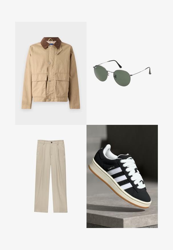Giacca tan con colletto in corduroy marrone, chiusura a scatti e due grandi Tasca frontali. Realizzata in un tessuto resistente con una texture morbida.; T-shirt bianco in cotone con maniche corte, scollo rotondo e vestibilità rilassata. Texture liscia senza pattern o dettagli visibili.; Pantaloni beige a taglio dritto, con un solo bottone nero, passanti per la cintura e tasche laterali. Tessuto dalla texture liscia e design minimale.; Sneaker nero con strisce bianche, design con lacci, tomaia testurizzata e suola in gomma. Presenta il logo "CAMPUS" sul lato e suola esterna color gomma.; Occhiali da sole con montatura in metallo e lenti verdi ovali. Montatura sottile in metallo argento e terminali neri. Design minimalista, senza loghi visibili.