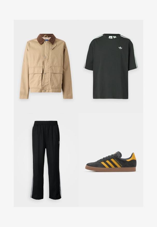 Béžová bunda so hnedým kordovým golierom, s rýchlozapínaním a dvoma veľkými prednými vreckami. Vyrobená z odolného materiálu s hladkou textúrou.; Čierne bavlnené tričko s krátkymi rukávmi, okrúhlym výstrihom a bielymi tromi pruhmi na ramenách. Na hrudi je malý biely logo.; Čierne športové nohavice s elastickým pásom, s bielymi bočnými prúžkami a malým logom. Materiál vyzerá byť mäkký a ľahký.; Čierne semišové tenisky so žltými akcentmi, ktoré majú tri pruhy a hnedú gumovú podrážku. Obsahujú vypolstrovaný jazyk pre pohodlie.