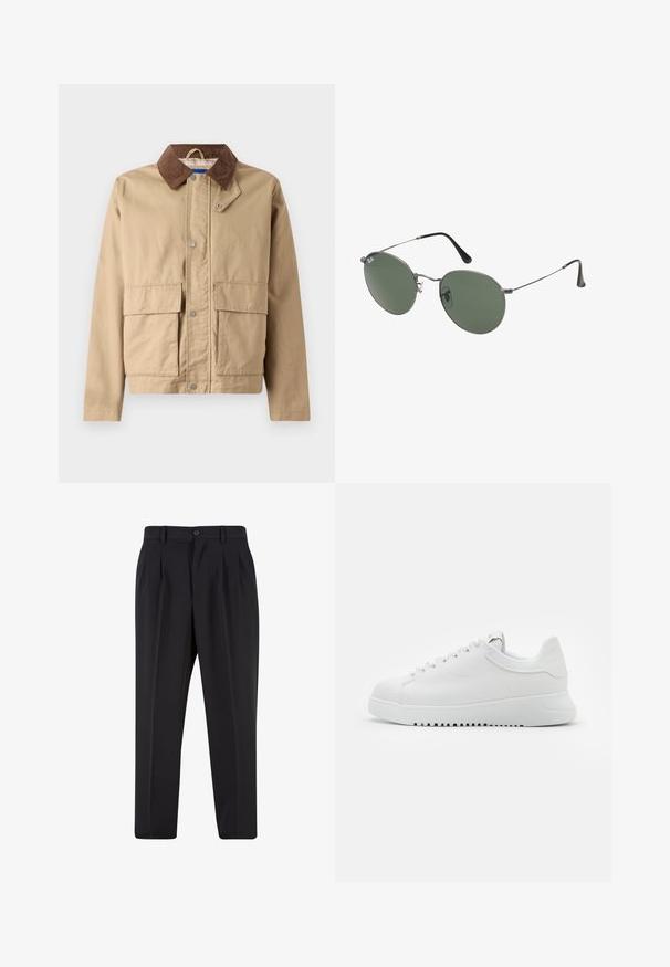 Vale jakk med brun corduroy-krage, trykknaplukking og to store frontlommer. Laget av slitesterkt stoff med en glatt tekstur.; Valkoinen lyhythihainen t-paita, joka on valmistettu puuvillasta, ominaisuutenaan pyöreä pääntie ja rento istuvuus. Sileä pinta, ilman näkyviä kuvioita tai yksityiskohtia.; Mustat housut, joissa on laskostettu etuosa, valmistettu sileästä kankaasta. Varustettu nappikiinnityksellä ja vyölenkeillä; suora lahje.; Valkoinen nahkakenkä nauhallisella sulkemisella, teksturoitu pinta ja paksu valkoinen kumipohja, jossa on sahalaitareuna pitävyyden vuoksi.; Aurinkolasit metallikehyksillä, joissa on soikeat vihreät linssit. Ohut hopeinen metallikehys ja mustat korvapehmusteet. Minimalistinen muotoilu, ei näkyviä logoja.