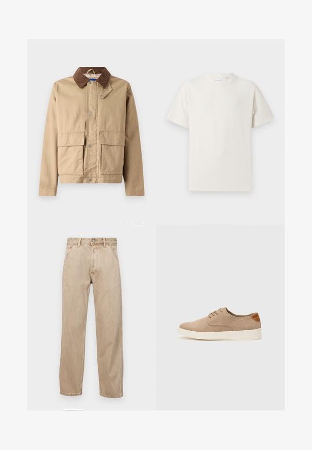 Tan spalvos švarkas su rudomis šoninėmis atbrailėmis, užsegamas spaustuku ir turintis dvi dideles priekines kišenes. Pagamintas iš patvarios medžiagos su lygia tekstūra.; Balta trumpa rankovė T-polo marškinėlių su juostelėmis tekstūra. Apvalus iškirpimas, laisvas fasonas, jokių matomų raštų ar akcentų. Paprastas ir universalus dizainas.; Smėlio spalvos džinsai su tiesia kojų siluetu, turintys priekinę kišenę, metalinį mygtuką ir subtilią tekstūrą.; Bežiniai zomšiniai sportbačiai su apvaliomis pirštų dalimis, raišteliais priekyje ir tekstūruotu užkulniu. Balta guma suteikia kontrastą. Paprastas ir modernus dizainas.