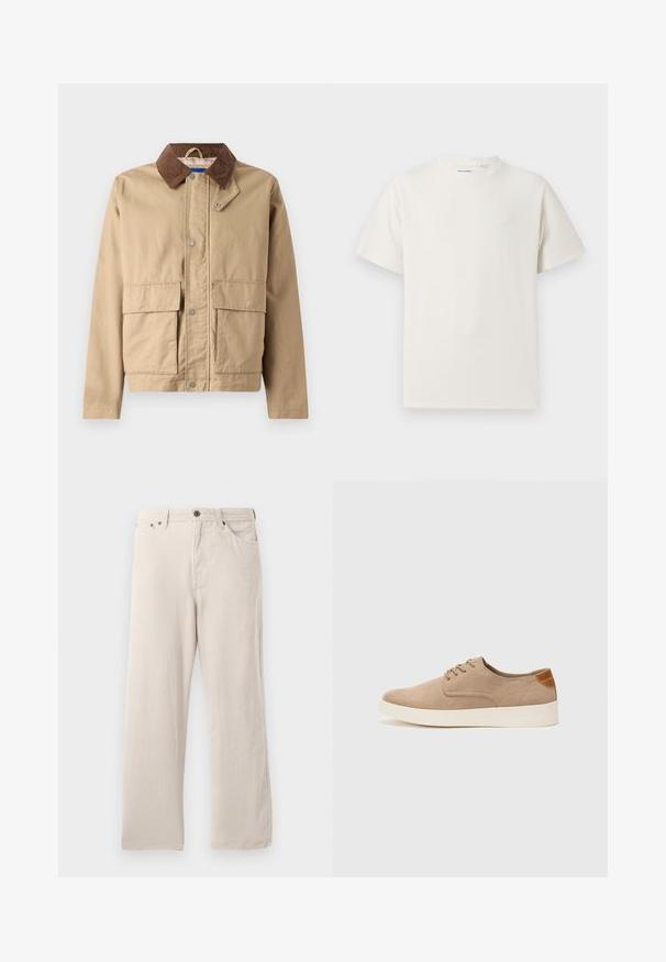 Tan jacket with a brown corduroy collar, snap closure, and two large front pockets. Made of durable fabric with a smooth texture.; White short-sleeve T-shirt in a ribbed texture. Round neckline, relaxed fit, no visible patterns or accents. Simple and versatile design.; Beige corduroy pants with a straight cut, featuring a ribbed texture, five-pocket design, and a button-fly closure.; Beige suede sneakers with a rounded toe, lace-up front, and a textured back accent. White rubber sole provides contrast. Simple and modern design.