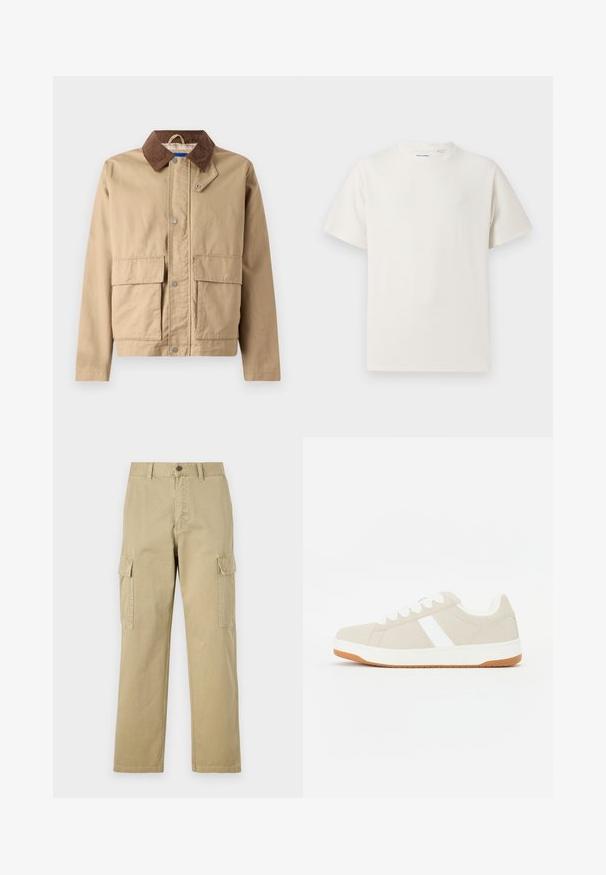 Tamni kaput s smešnim kordura ovratnikom, dugmadi na pritisak i dva velika prednja džepa. Napravljen od čvrstog materijala s glatkom teksturom.; Bijela kratka majica s kratkim rukavima u rebrastoj teksturi. Okrugli izrez, ležeran kroj, bez vidljivih uzoraka ili akcenta. Jednostavan i svestran dizajn.; Bež cargo hlače izrađene od pamuka, s dva bočna džepa, zatvaranjem na gumb i ravnim nogavicama od blago teksturirane tkanine.; Bige tenisice s bijelim detaljima, antilop tekstura, okrugli oblik, vezanje na vezice i kontrastna gumena potplata.