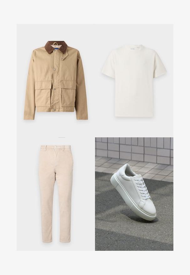 Tan jacket with a brown corduroy collar, snap closure, and two large front pockets. Made of durable fabric with a smooth texture.; White short-sleeve T-shirt in a ribbed texture. Round neckline, relaxed fit, no visible patterns or accents. Simple and versatile design.; Beige corduroy pants with a straight leg design, featuring a button closure, belt loops, and subtle ribbed texture.; White leather sneaker with a smooth surface, round toe, and flat white laces. Features a textured rubber sole and minimal design elements.