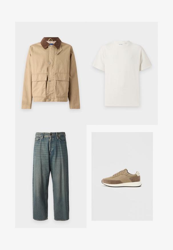 Tan jacket with a brown corduroy collar, snap closure, and two large front pockets. Made of durable fabric with a smooth texture.; White short-sleeve T-shirt in a ribbed texture. Round neckline, relaxed fit, no visible patterns or accents. Simple and versatile design.; Light blue denim jeans with a loose fit, mid-rise waist, and straight legs. Features five pockets, belt loops, and a button closure.; Beige sneaker with rounded toe, leather and suede materials, lace-up closure, rubber sole, and subtle logo detail on the side.