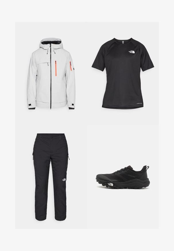 Jachetă impermeabilă gri deschis cu glugă, cu fermoare portocalii, multiple buzunare, accente negre și o textură simplă.; Tricou athletic scurt, de culoare neagră, cu un material texturat, având un logo alb pe partea stângă a pieptului și un tiv drept.; The North Face WINTER EXPLORATION TAPERED CARGO - Pantaloni outdoor - black; Pantofii de alergare pe teren accidentat, de culoare neagră, cu un superior texturat, talpă din cauciuc și vârf întărit. Prezintă un guler căptușit și o bandă de prindere pentru îmbrăcare ușoară.