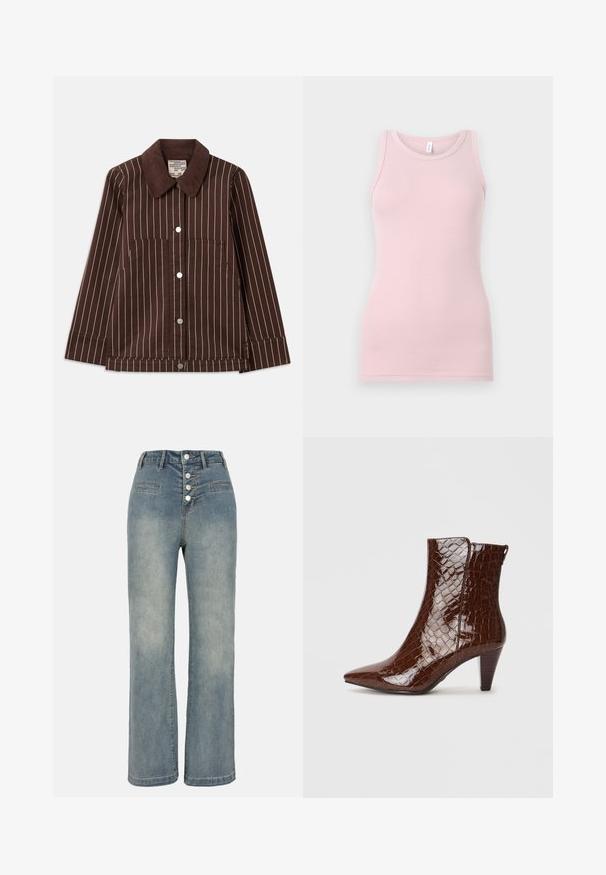 Casaco de corduroy castanho com riscas verticais brancas, colarinho pontiagudo, botões frontais e dois bolsos de chapa.; Top de alças rosa claro feito de um tecido macio e elástico. Apresenta um decote redondo e alças finas, com uma textura suave e um corte justo.; Jeans de ganga de perna larga em azul claro com uma cintura alta, fecho de cinco botões e dois bolsos frontais. Textura suave com desvanecimento subtil.; Botim castanho de pele de crocodilo sintética, com bico fino e salto afunilado. Apresenta uma textura brilhante e detalhe de fecho lateral.