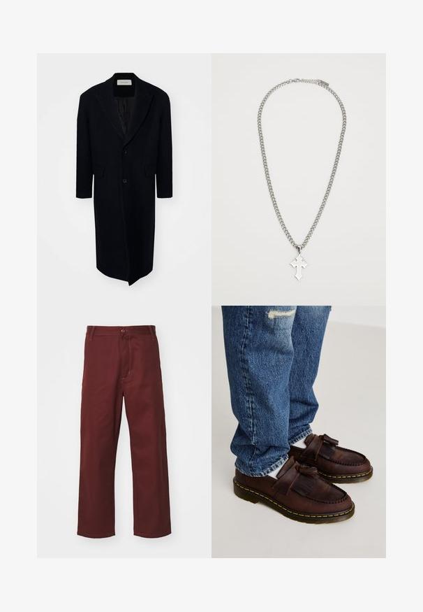 Melnas vilnas mētelis ar garu, taisnu dizainu, izgrieztiem labajiem atlociem, divām pogām un sānu kabatām. Gluda tekstūra un pielāgota piegriezuma.; Selected Homme SLHCODY LS  CREW NECK NOOS - Džemperis - sky captain; Burgundijas krāsas taisnu kāju bikses, izgatavotas no gludas auduma; ar pogu aizdari un priekšējo kabatu. Vienkāršs dizains ar šuvju akcentiem.; Brūni ādas loafers ar tsasētiem akcentiem, ar ielaidumu dizainu un dzeltenu gumijas zoli. Apvienoti ar izbalējušiem zila džinsu.; Sudraba ķēdes kaklarota ar biezām, savstarpēji savienotām detaļām un izteiktu krusta piekari. Piekara forma ir ass un stūraina.