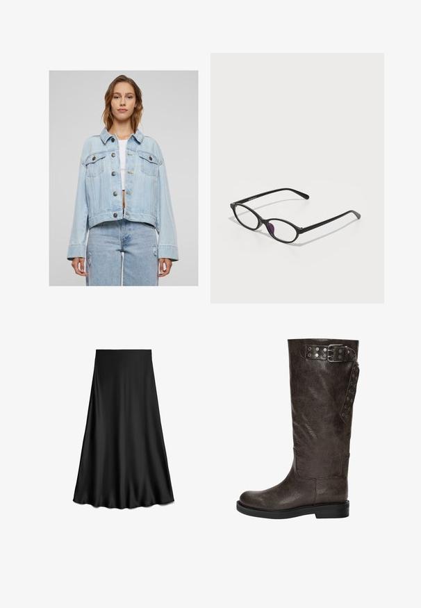 Vaaleansininen farkkutakki, jossa on lyhennetty muotoilu, klassinen kaulus, etutaskut ja nappikiinnitys. Ominaisuuksiin kuuluvat näkyvät ompeleet ja rento istuvuus.; Denimli yelek, V yakalı, kolsuz tasarım ve ön bağlama kapanışıyla. Kontrast dikişlere ve yumuşak, dokulu bir kumaşa sahiptir.; Musta satiininen A-linjainen hame, sileä tekstuuri, polven pituinen, yksinkertainen ja siisti muotoilu ilman koristeita tai kuvioita.; Korkean varren ruskea nahkakenkä, jossa on tekstuuripinta, sivuilla solki- ja napin yksityiskohtia, sekä tasainen kumipohja.; Musta muovinen silmälasi, jossa on soikea muoto, läpinäkyvät linssit ja yksi violetti korostus vasemmassa linssissä. Tyylikäs, minimalistinen muotoilu.; Ruskea mokkanahkainen käsilaukku, jossa on pitkät fringer yksityiskohdat, kaareva muoto ja yksi olkahihna. Pinta on sileä ja teksturoitu.