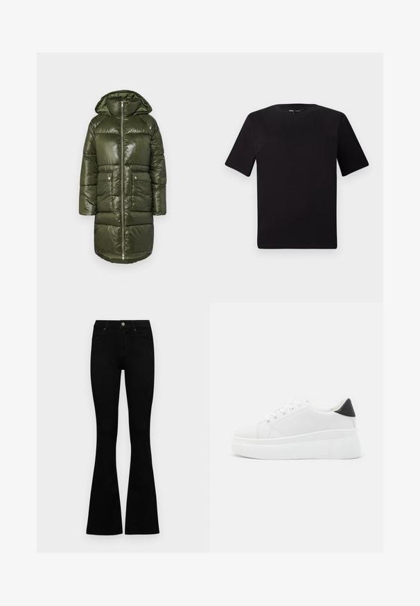 Žalias pūkuotas švarkas su blizgiu paviršiumi, turintis gobtuvą, užtrauktuką priekyje ir dvi priekinės kišenes. Siuvinėjimo dizainas suteikia tekstūrą ir šilumą.; Juodas trumpas rankovės marškinėlis su apvaliu iškirpimu, pagamintas iš minkštos medvilnės medžiagos. Paprastas dizainas, be matomų logotipų ar raštų.; Juodos aukšto liemens džinsai su mygtuku ir užtrauktuku, priekinėmis kišenėmis ir platėjančiomis kojomis, išdėstyti ant baltos fono.; Balti platforminiai sportbačiai, pagaminti iš lygios sintetinio audinio, su apvaliu pirštu, raištelių užsegimu ir tekstūruota guma padanga. Juodas kulno akcentas.