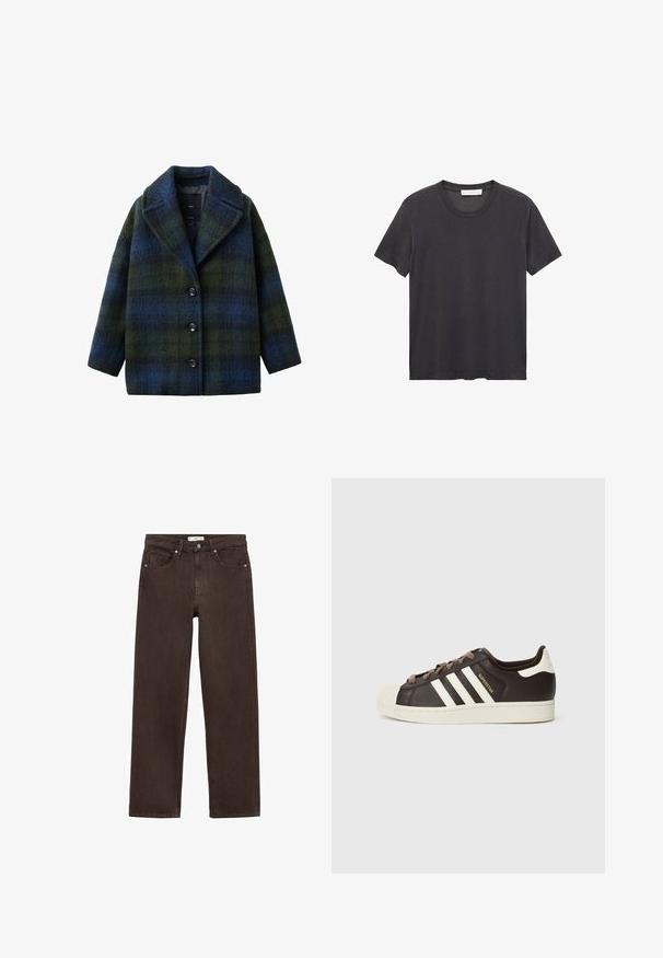 Plaid coat in green and blue hues, made of textured wool blend, features a notched collar, front buttons, and loose-fitting silhouette.; Black crew-neck t-shirt made of soft cotton. Short sleeves, relaxed fit, and straight hem with no embellishments or patterns.; Brown wide-leg jeans made from denim, featuring a classic five-pocket design, button closure, and subtle stitching details.; Low-top Adidas Superstar sneaker in dark brown leather with cream shell toe, white stripes, and "Superstar" text on the side.