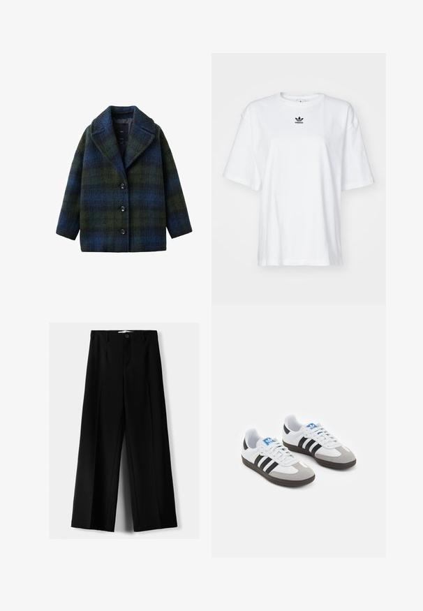 Kariertes Mäntelchen in Grüntönen und Blau, aus strukturiertem Wollmix, mit Reverskragen, vorderen Knöpfen und lockerer Passform.; Weißes T-Shirt mit kurzen Ärmeln aus Baumwolle. Verfügt über einen Rundhalsausschnitt und ein kleines schwarzes Adidas-Logo auf der Brust. Gerader Saum.; Schwarze weite Hosen aus leichtem Stoff, mit einem Knopfverschluss vorne und flachem Bund, mit sorgfältig genähten Säumen.; Sportschuhe mit einem Obermaterial aus weißem Leder, grauer Wildleder-Zehenkappe und drei schwarzen Streifen. Sie verfügen über ein blaues Logo auf der Zunge und eine strukturierte Gummisohle.