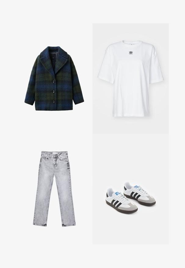 Plaid coat in green and blue hues, made of textured wool blend, features a notched collar, front buttons, and loose-fitting silhouette.; White short-sleeve t-shirt made of cotton. Features a crew neck and a small black Adidas logo on the chest. Straight-cut hem.; Gray denim jeans with a straight-leg cut, distressed detailing, five pockets, and copper rivets. Waistband features a logo tag.; Sport shoes with a white leather upper, gray suede toe, and three black stripes. Features a blue logo on the tongue and a textured rubber sole.