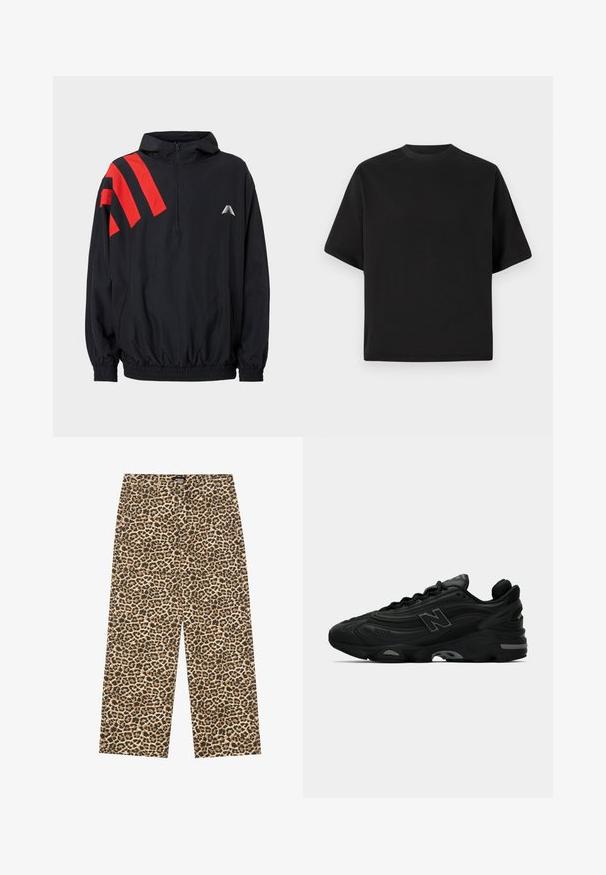 Μαύρο μπουφάν με φερμουάρ και κουκούλα, με κόκκινες διαγώνιες ρίγες στη μία πλευρά και με έμβλημα στο στήθος. Ελαστική μέση και μανίκια.; Μαύρη κοντομάνικη μπλούζα σε χαλαρή γραμμή, φτιαγμένη από απαλό βαμβάκι, με στρογγυλή λαιμόκοψη και μινιμαλιστικό σχέδιο.; YOURTURN UNISEX - Τζιν χαλαρής εφαρμογής - beige/black; Μαύρα αθλητικά παπούτσια με υφή στο επάνω μέρος, διαθέτοντας ένα έντονο λογότυπο, παχιά σόλα και διακριτές γκρι λεπτομέρειες στο σχέδιο.