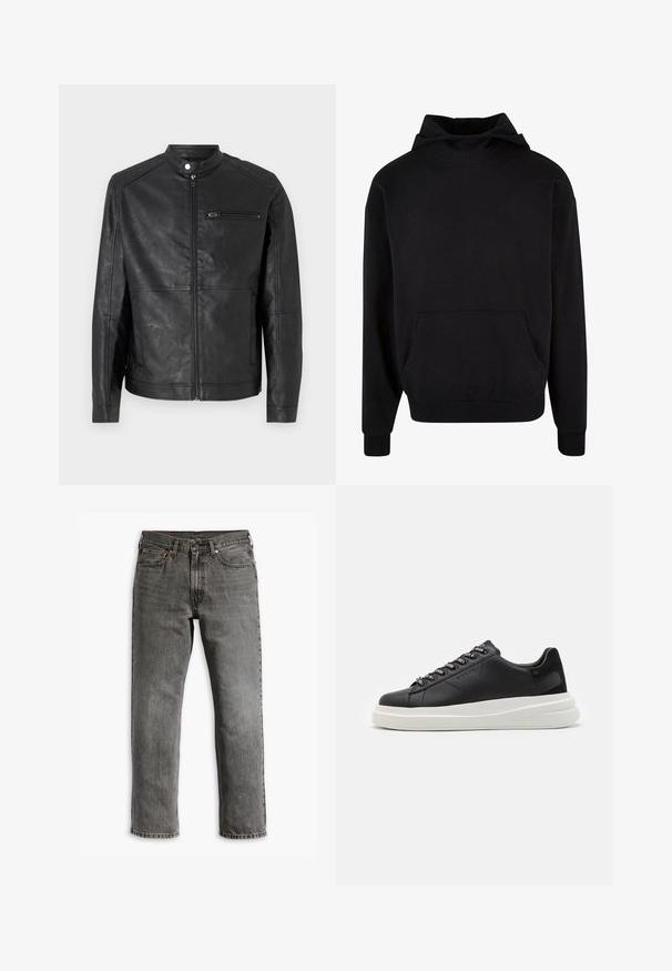Fekete bőrdzseki álló gallérral, elülső cipzárral, és vízszintes varrásdíszítéssel a vállakon. Cipzáras mellzsebet tartalmaz.; Fekete, kapucnis pulóver puha anyagból, kenguru zsebbel, bordás mandzsettákkal és laza fazonnal. Simaszerkezet, minimalista design.; Szürke farmernadrág, egyenes szárú szabással, öt zsebes dizájnnal és sárgar réz hardverrel a záráshoz és díszítéshez. Látható kopott hatás.; Fekete bőr sportcipő fehér gumitalppal, lapos fűzőkkel és márkázott fűzőlyukakkal. Puha tapintású, kontrasztos oldali akcentussal.