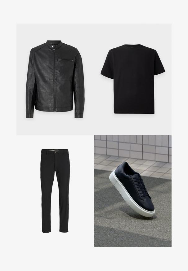 Zwarte leren jas met een staande kraag, rits aan de voorkant en horizontale stiksels op de schouders. Beschikt over een ritsvak op de borst.; Zwarte T-shirt met korte mouwen van gemerceriseerd stof, met een ronde halslijn en een relaxte pasvorm. Eenvoudig, zonder patronen of accenten.; Zwarte katoenen broek van een katoenmix met een slim fit, voorzien van een knoopsluiting, zakken en opgerolde mouwen voor een casual afwerking.; Zwarte leren sneaker met een ronde neus en een witte rubberen zool. Voorzien van platte veters en minimale stiksels op het bovenwerk. Textuurrijke zool voor grip.