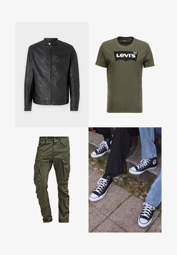 Črna usnjena jakna s stoječim ovratnikom, sprednjim zadrgo in vodoravnimi šivi na ramenskem delu. Ima žep na prsih z zadrgo.; Olivno zelena bombažna majica s kratkimi rokavi, ki na sprednji strani nosi velik črn logotip Levi's. Klasičen kroj z okroglim izrezom in gladka tekstura.; Olivno zelene cargo hlače iz trdnega bombaža. Imajo več žepov, zip žep na strani in zožene noge z rahlo teksturirano površino.; Črne visoke platnene teniske z belimi gumijastimi podplati in vezalkami, z ovalnim logotipom na strani, v kombinaciji z džinsom in črnimi hlačami.